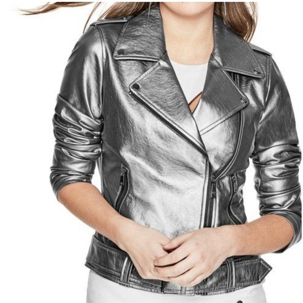 Guess Metallic‎ Moto Jacket Gunmetal Silver Biker Faux Leather Sz medium
